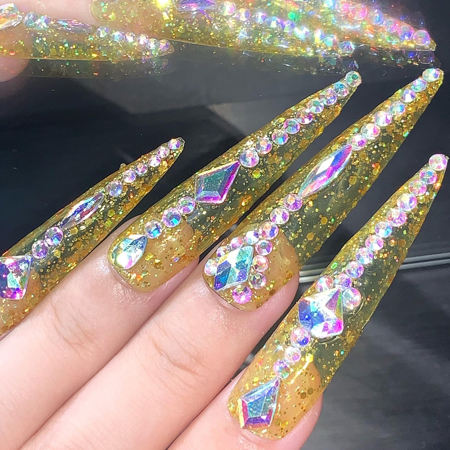 Holographic Gold Glitter Press-On Nails – Diamond Rhinestone Glam Manicure glue on artificial fake faux reusable trendy nail