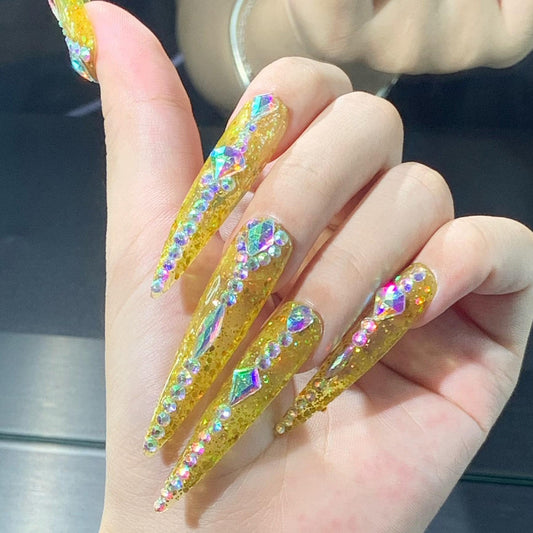 Holographic Gold Glitter Press-On Nails – Diamond Rhinestone Glam Manicure glue on artificial fake faux reusable trendy nail