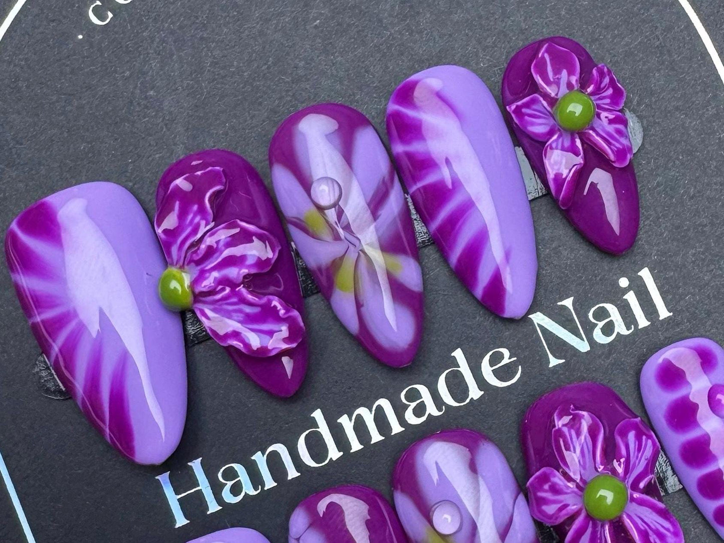 Purple Bloom Fantasy Press-On Nails – 3D Floral Art & Abstract Petals Artificial reusable fake glue on faux manicure nails trendy art