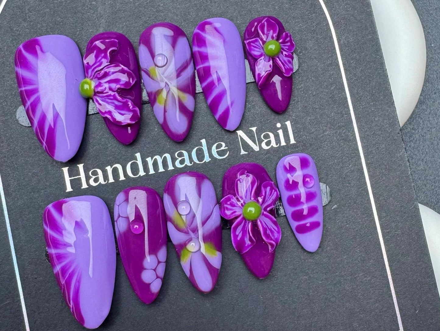 Purple Bloom Fantasy Press-On Nails – 3D Floral Art & Abstract Petals Artificial reusable fake glue on faux manicure nails trendy art