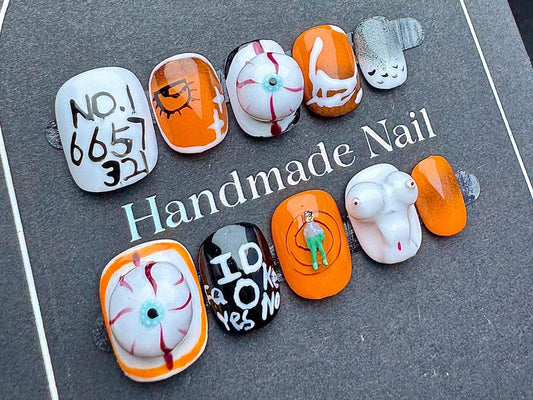 Horrorcore Halloween Press-On Nails Creepy Eyeball, IDK Text, 3D Monster Face Artificial reusable fake glue on faux manicure nail trendy art