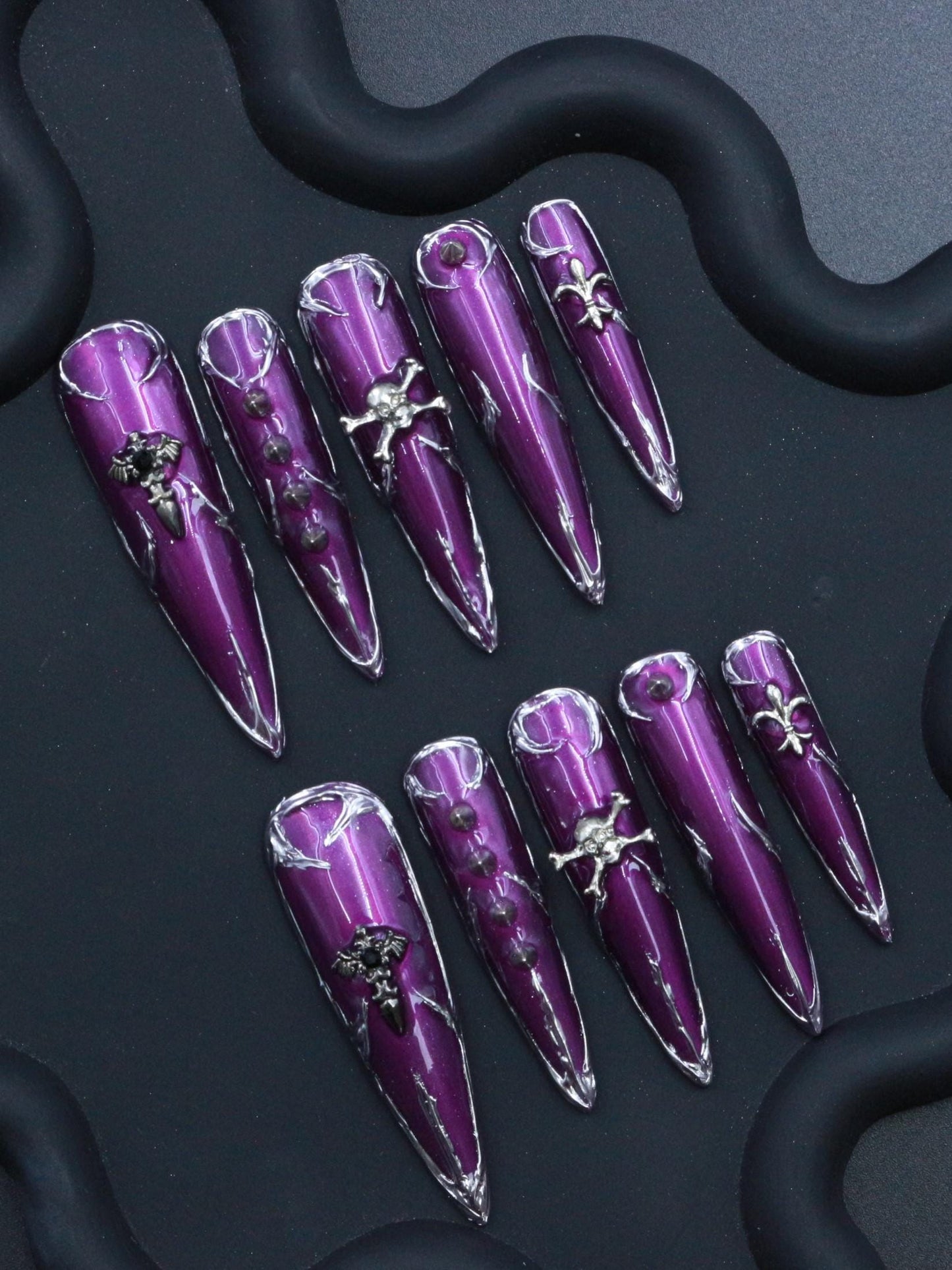 Metallic Gothic Press-On Nails – Purple Chrome with Skulls & Cross Charms Manicure glue on artificial fake faux reusable trendy nail