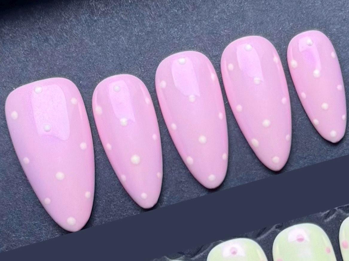 Pastel Polka Dot Press-On Nails – Pink & Mint Green Cute Dot Design Artificial reusable fake glue on faux manicure nails trendy art