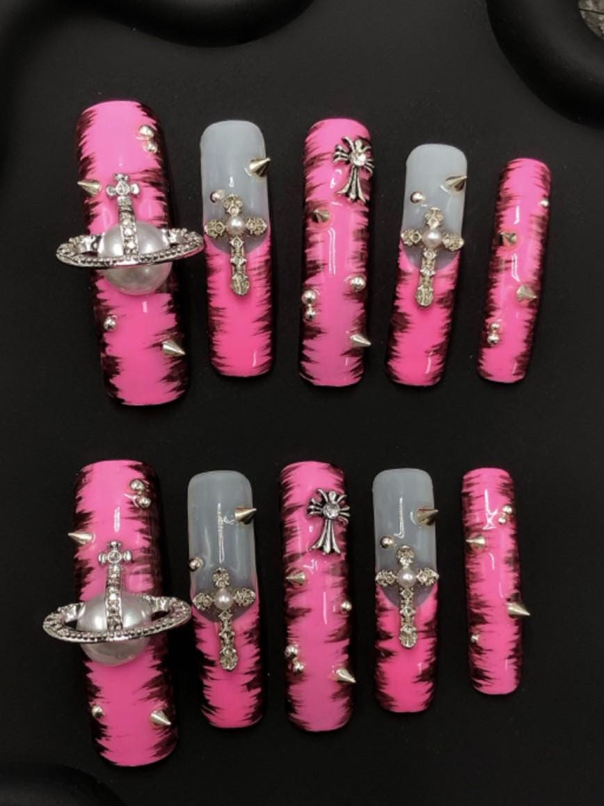 Pink Punk Galaxy Press-On Nails – Planet, Cross & Stud Charms Artificial reusable fake glue on faux manicure nails trendy art