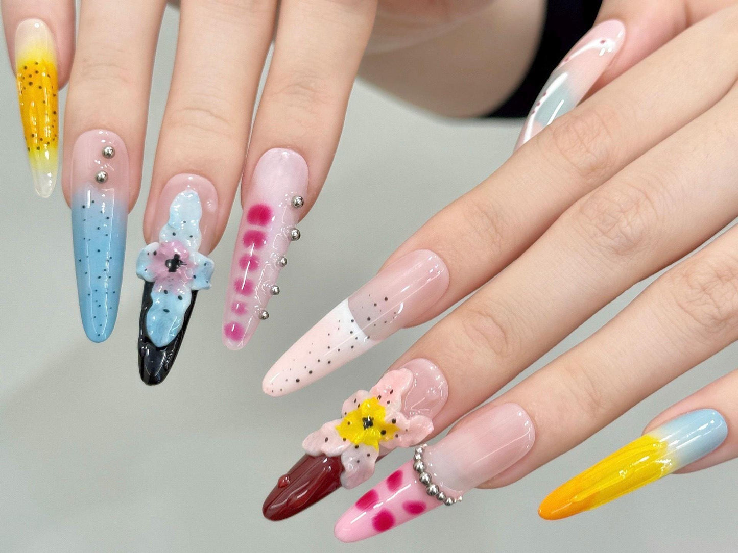 Color Pop 3D Floral Press-On Nails – Ombre & Speckle Art Set Artificial reusable fake glue on faux manicure nails trendy art
