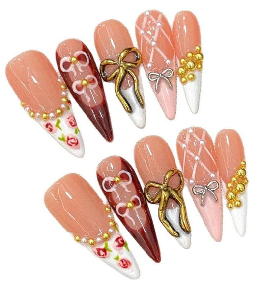 Elegant Press On Nails with 3D Bows Roses and Pearls Long Coffin Bridal Nails in Pink White and Burgundy Handmade Luxury Nail Art