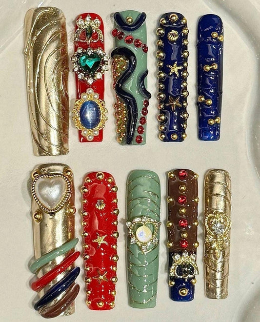 Luxury Press On Nails with 3D Gemstones and Gold Accents in Red Green Navy and Metallic Long Square Glam Royal Style Nail Art Set