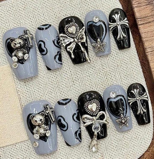 Gothic Press On Nails with 3D Teddy Bear Butterfly Cross and Star Charms in Black and Grey Kawaii Punk Rock Nail Art Long Square Shape