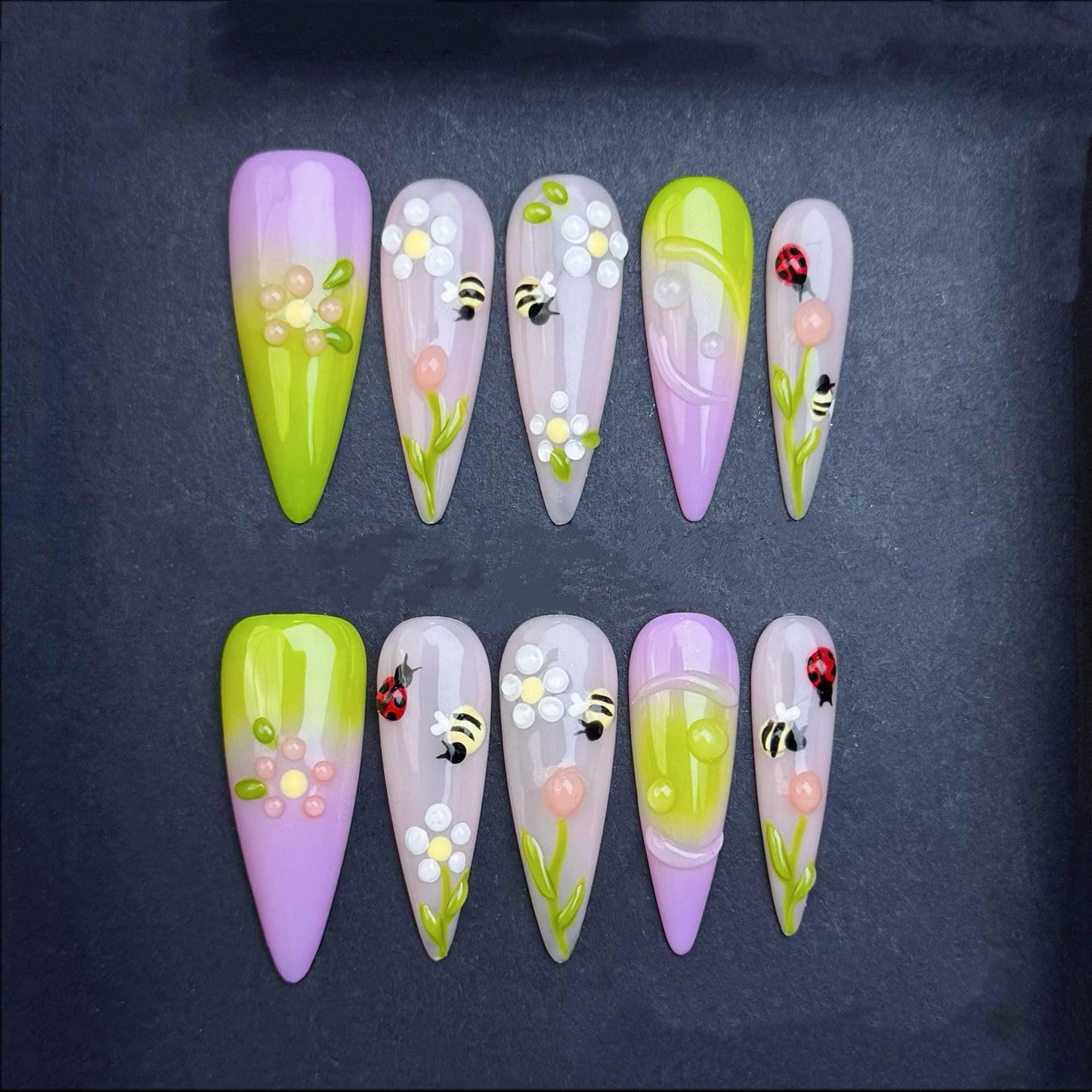 3D Spring Garden Press-On Nails with Bees Ladybugs Flowers and Ombre Tips – Long stiletto. Artificial reusable fake faux manicure nails art.