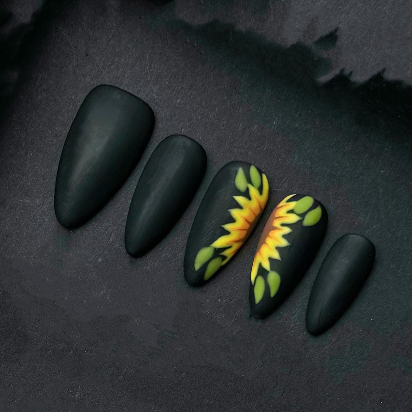 Matte Black Sunflower Press-On Nails – Bold Blooming Beauty. Artificial reusable fake glue on faux manicure nails trendy art.
