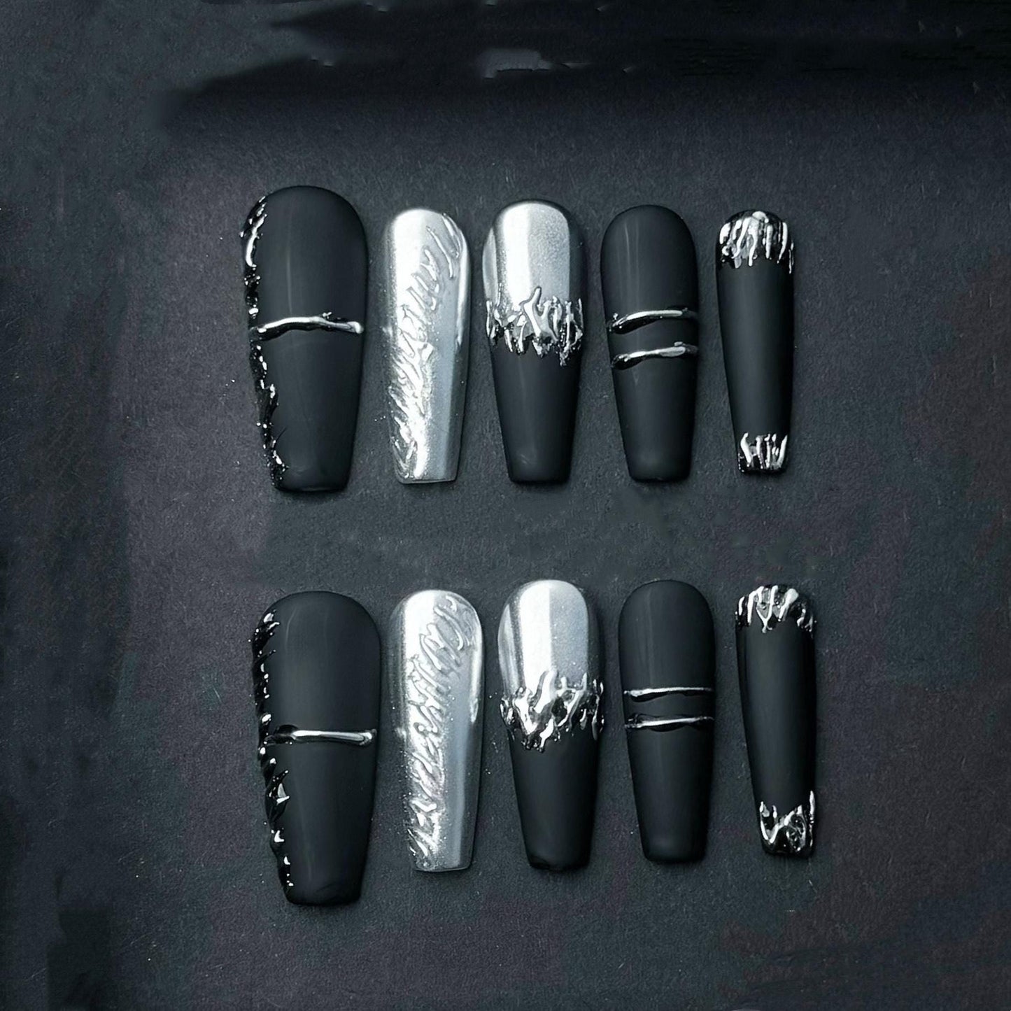 Black and Silver Chrome Flame Press-On Nails – 3D Drip Texture on Matte Coffin Set. Artificial reusable fake glue on faux manicure nail art.