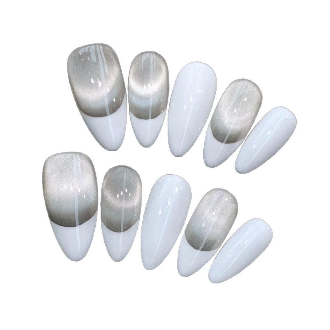 Elegant Metallic Champagne and White French Press-On Nails. Artificial reusable fake glue on faux manicure nails trendy art.