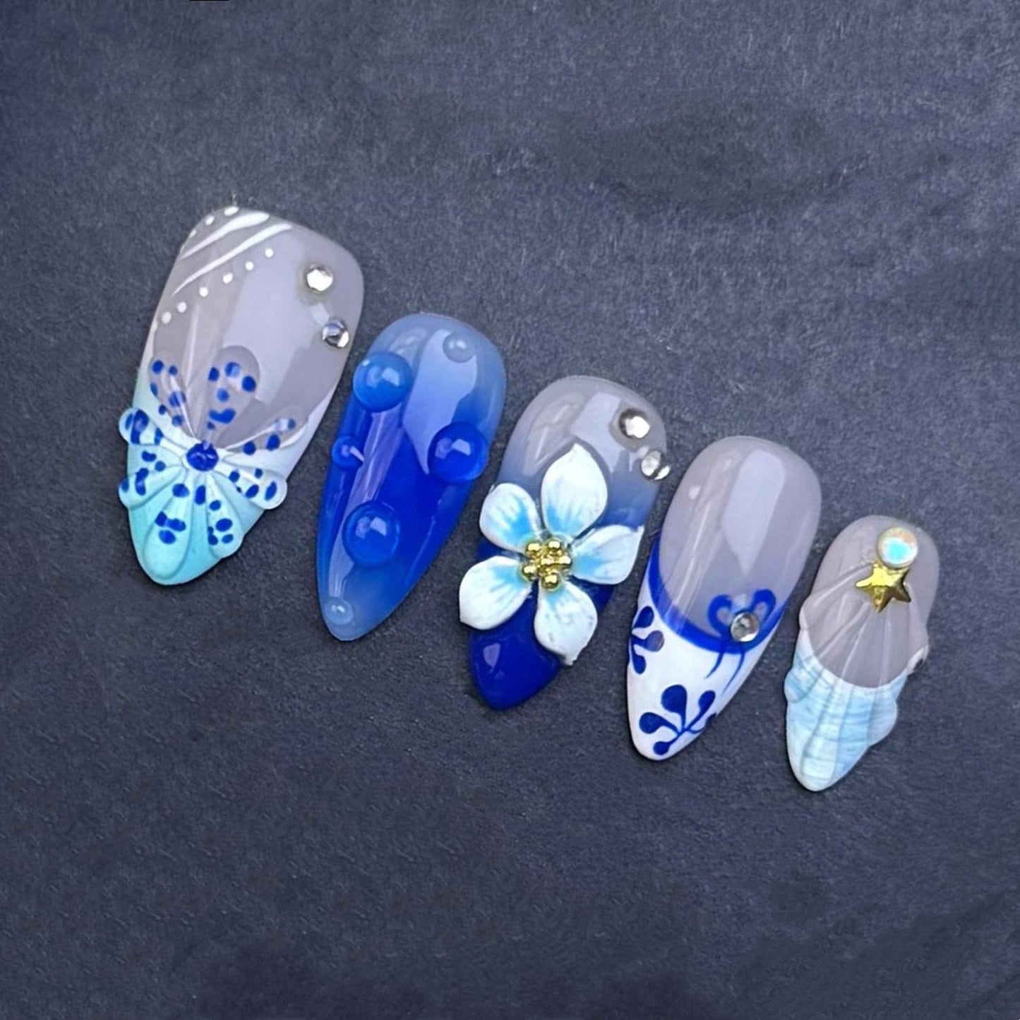 Ocean Blue Floral and Shell Press-On Nails – 3D Summer Beach Nail Set. Artificial reusable fake glue on faux manicure nails trendy art.
