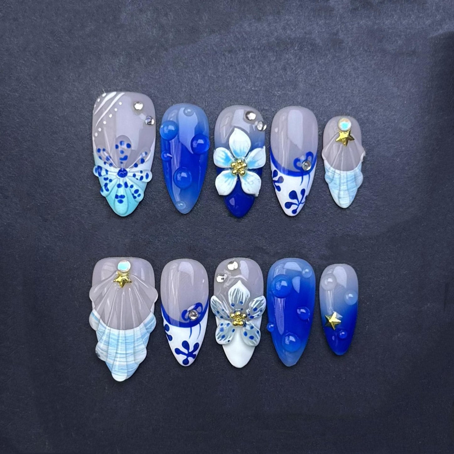 Ocean Blue Floral and Shell Press-On Nails – 3D Summer Beach Nail Set. Artificial reusable fake glue on faux manicure nails trendy art.