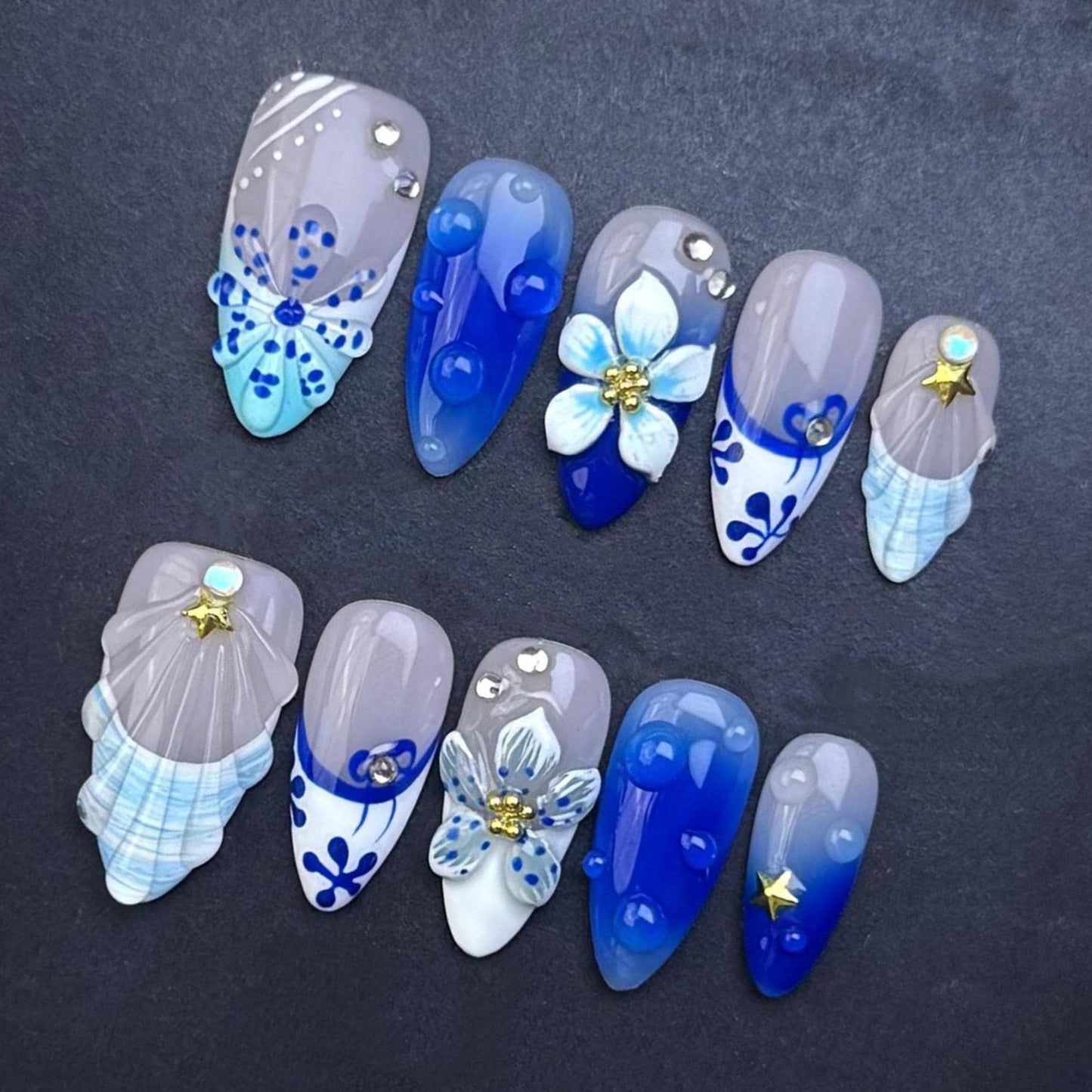Ocean Blue Floral and Shell Press-On Nails – 3D Summer Beach Nail Set. Artificial reusable fake glue on faux manicure nails trendy art.