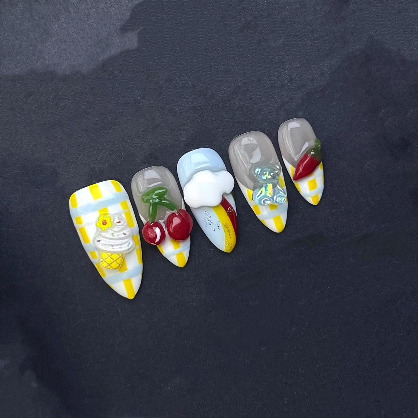 Kawaii Breakfast Picnic Press-On Nails –3D Food Theme with Gingham Pattern. Artificial reusable fake glue on faux manicure nails trendy art.