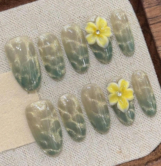 Green Marble Press On Nails with 3D Yellow Flowers Shimmer Green Ombre Nails Handmade Floral Coffin Nail Set Manicure glueon artificial nail