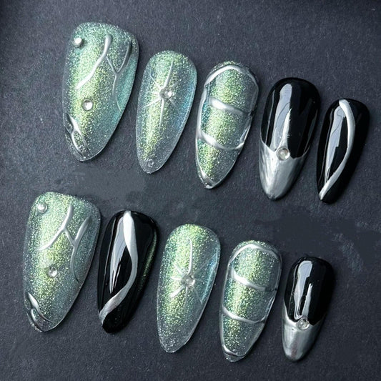Galaxy Chrome and Black Press-On Nails – Cat Eye Glow with Metallic Silver Accents. Artificial reusable fake manicure nails trendy art.