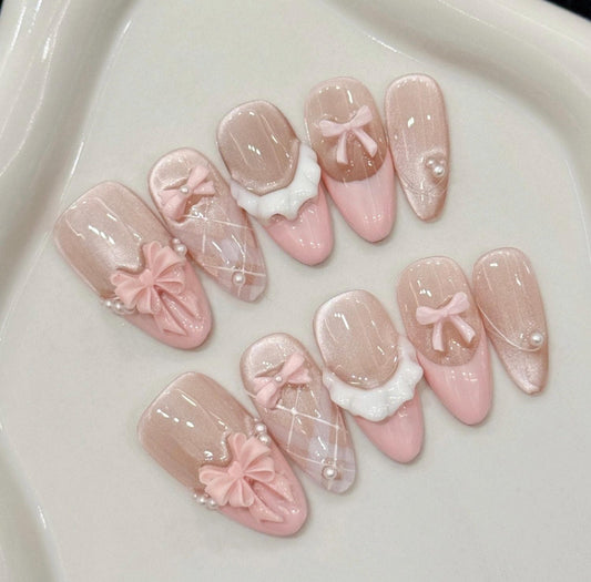 Blush Pink Bow and Pearl Princess Press-On Nails. Artificial reusable fake glue on faux manicure nails trendy art.
