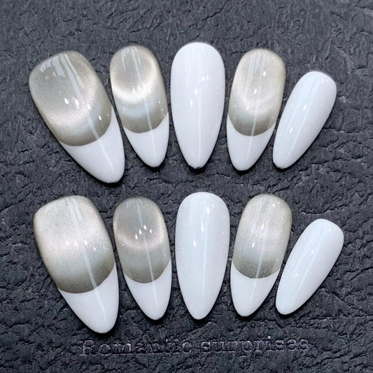 Elegant Metallic Champagne and White French Press-On Nails. Artificial reusable fake glue on faux manicure nails trendy art.