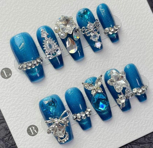 Ice Queen Press On Nails with 3D Crystals and Diamond Charms in Glitter Blue and Silver Rhinestone Luxury Long Handmade Nail Art Set