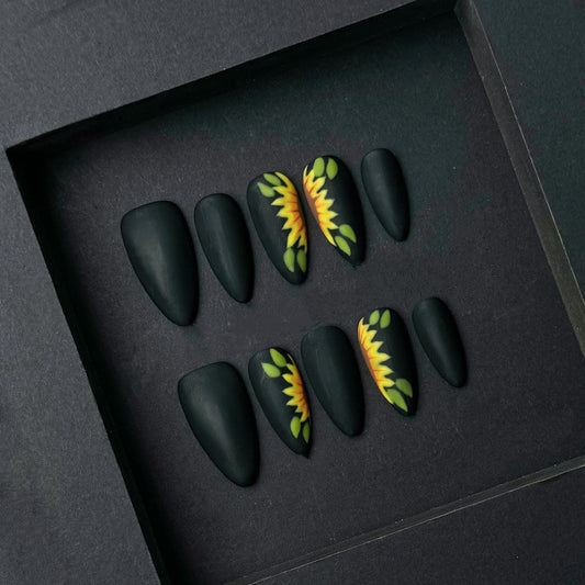 Matte Black Sunflower Press-On Nails – Bold Blooming Beauty. Artificial reusable fake glue on faux manicure nails trendy art.