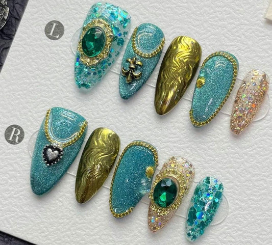 Festival Mermaid Press On Nails with Gold Chrome Glitter Emerald Gems and Shell Charms in Teal and Gold Long Handmade Nail Art Manicure