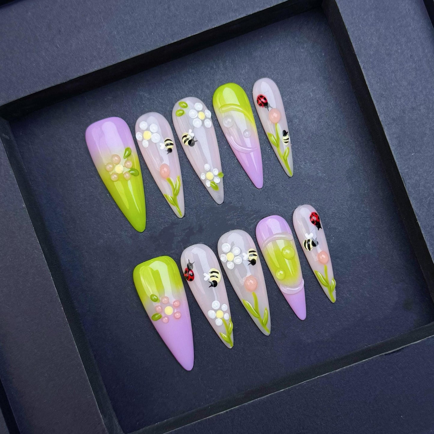 3D Spring Garden Press-On Nails with Bees Ladybugs Flowers and Ombre Tips – Long stiletto. Artificial reusable fake faux manicure nails art.