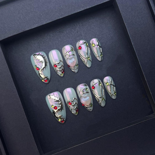 Holographic Dragon & Gemstone Fantasy Press-On Nail Set. Artificial reusable fake glue on faux manicure nails trendy art.