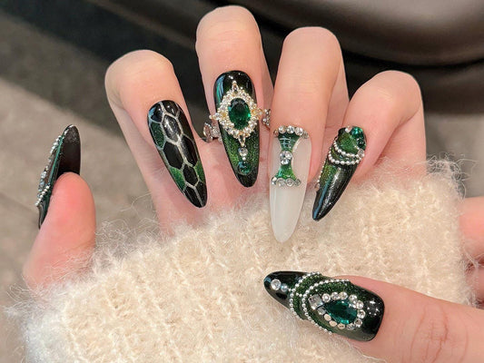 Emerald Green Black White Press On Nails with Rhinestones 3D Jewels Long Glam Nail Set Handmade Luxury Bling Ombré Statement Nails