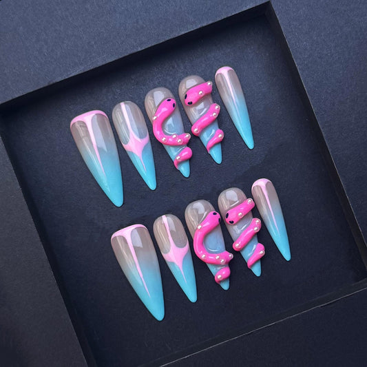 Pink Snake and Blue Ombre Press On Nails with 3D Reptile Design artificial reusable fake glue on faux manicure nails trendy art