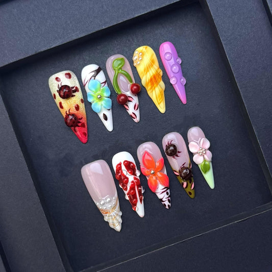 Garden Insect and Fruit Press On Nails  3D Cherries Flowers and Ladybugs artificial reusable fake glue on faux manicure nails trendy art