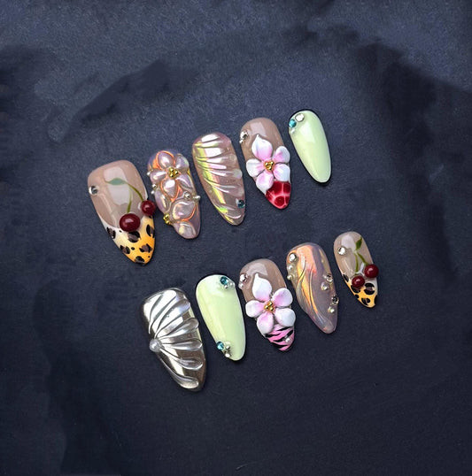 Mixed Design Press On Nails Cherries Leopard Print Flowers  Metallic Accents artificial reusable fake glue on faux manicure nails trendy art