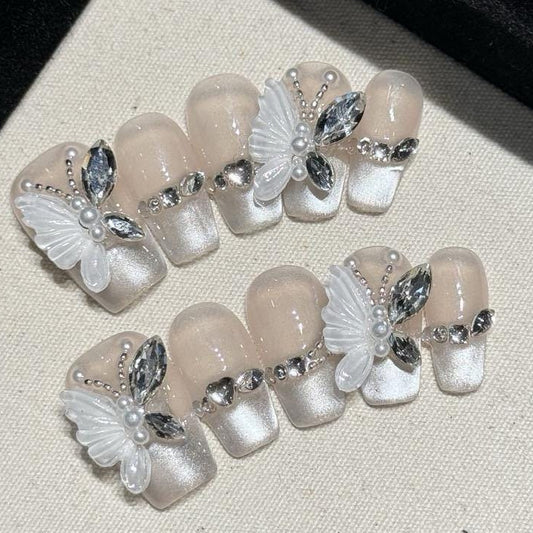 Elegant 3D Butterfly Press On Nails White Pearl French Tip Nails Rhinestone Embellished Nail Set Bridal Luxury Nails Manicure glue on nails
