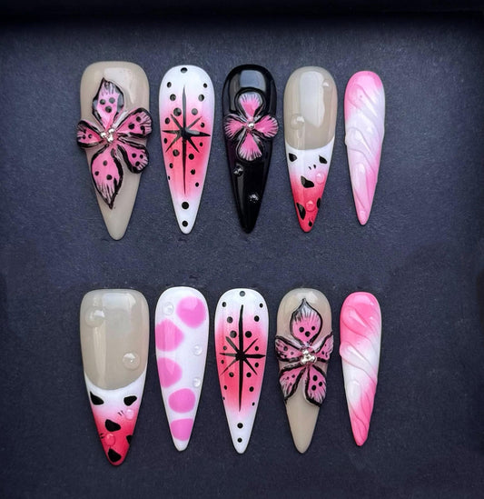 Pink Butterfly and Polka Dot Press On Nails Ombre Black White Long Stiletto Nails Manicure glue on artificial fake faux reusable trendy nail