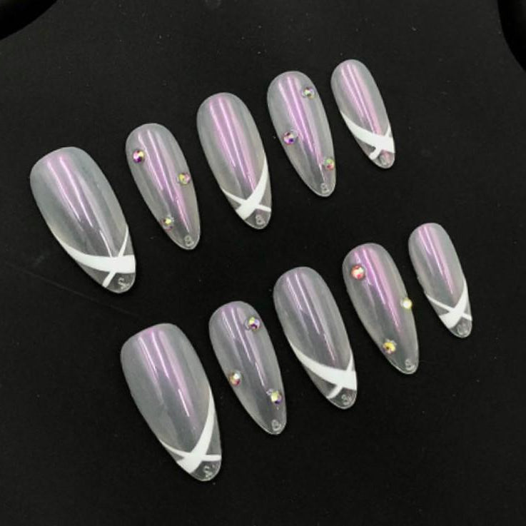 Chic Iridescent Press-On Nails with Bold White X Design and Sparkling Rhinestone Accents for a Sleek, Modern Look