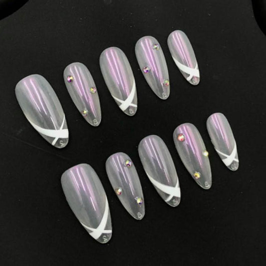Chic Iridescent Press-On Nails with Bold White X Design and Sparkling Rhinestone Accents for a Sleek, Modern Look
