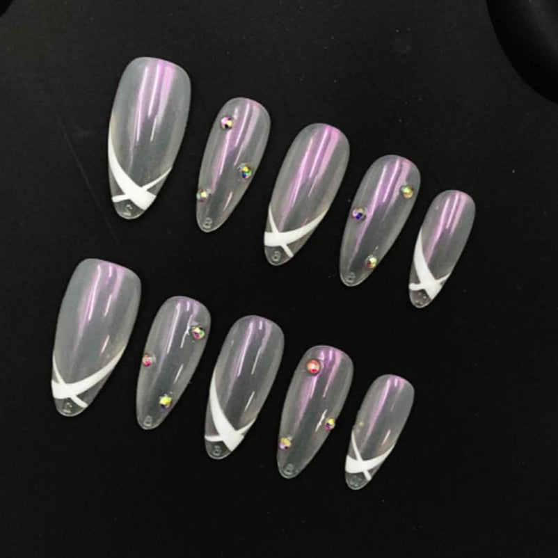 Chic Iridescent Press-On Nails with Bold White X Design and Sparkling Rhinestone Accents for a Sleek, Modern Look