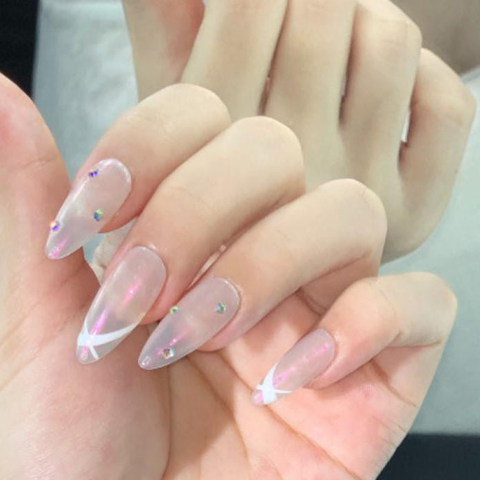 Chic Iridescent Press-On Nails with Bold White X Design and Sparkling Rhinestone Accents for a Sleek, Modern Look