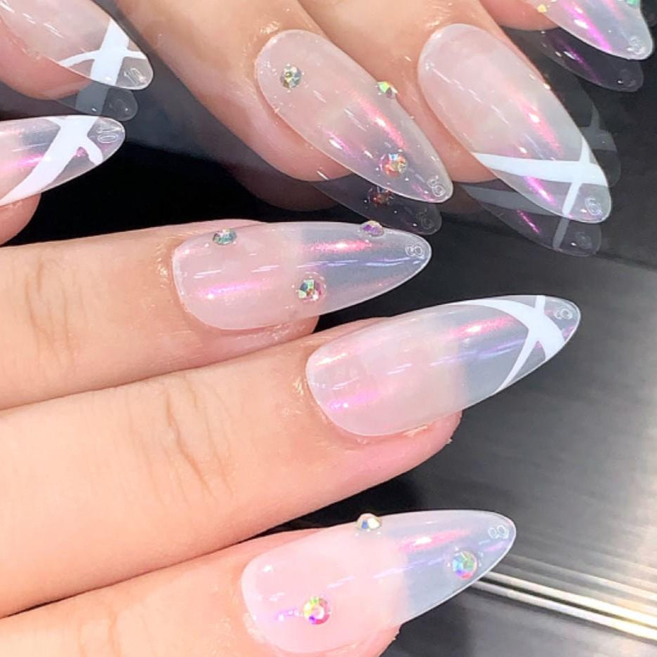 Chic Iridescent Press-On Nails with Bold White X Design and Sparkling Rhinestone Accents for a Sleek, Modern Look