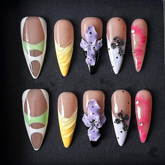 Edgy Abstract Press On Nails Mixed Design 3D Flower Cross Art Modern Stiletto  Manicure glue on artificial fake faux reusable trendy nail