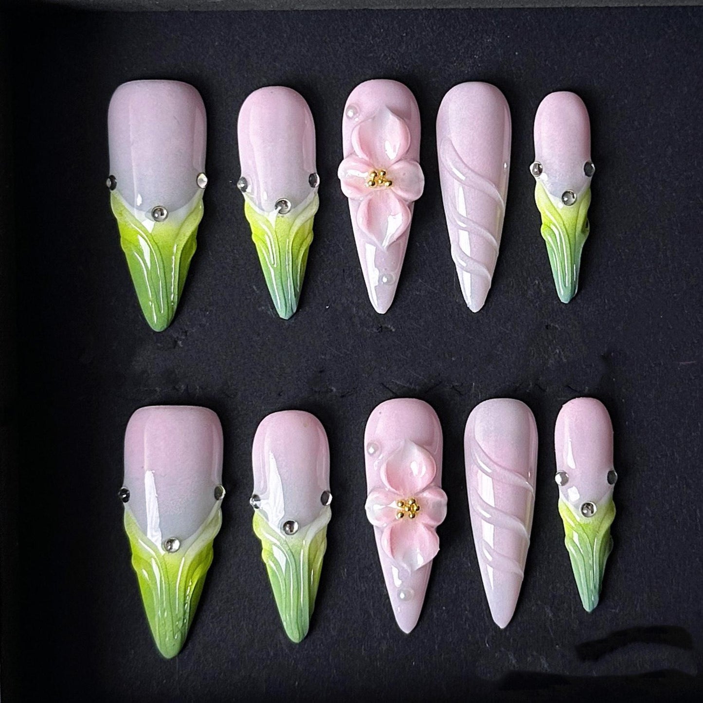 Pastel Pink and Green Press On Nails 3D Flower Art Spring Garden Ombre Stiletto Manicure glue on artificial fake faux reusable trendy nail