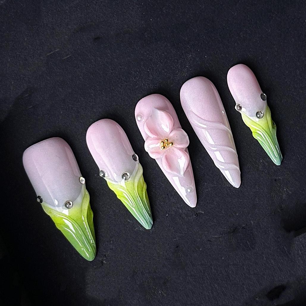 Pastel Pink and Green Press On Nails 3D Flower Art Spring Garden Ombre Stiletto Manicure glue on artificial fake faux reusable trendy nail