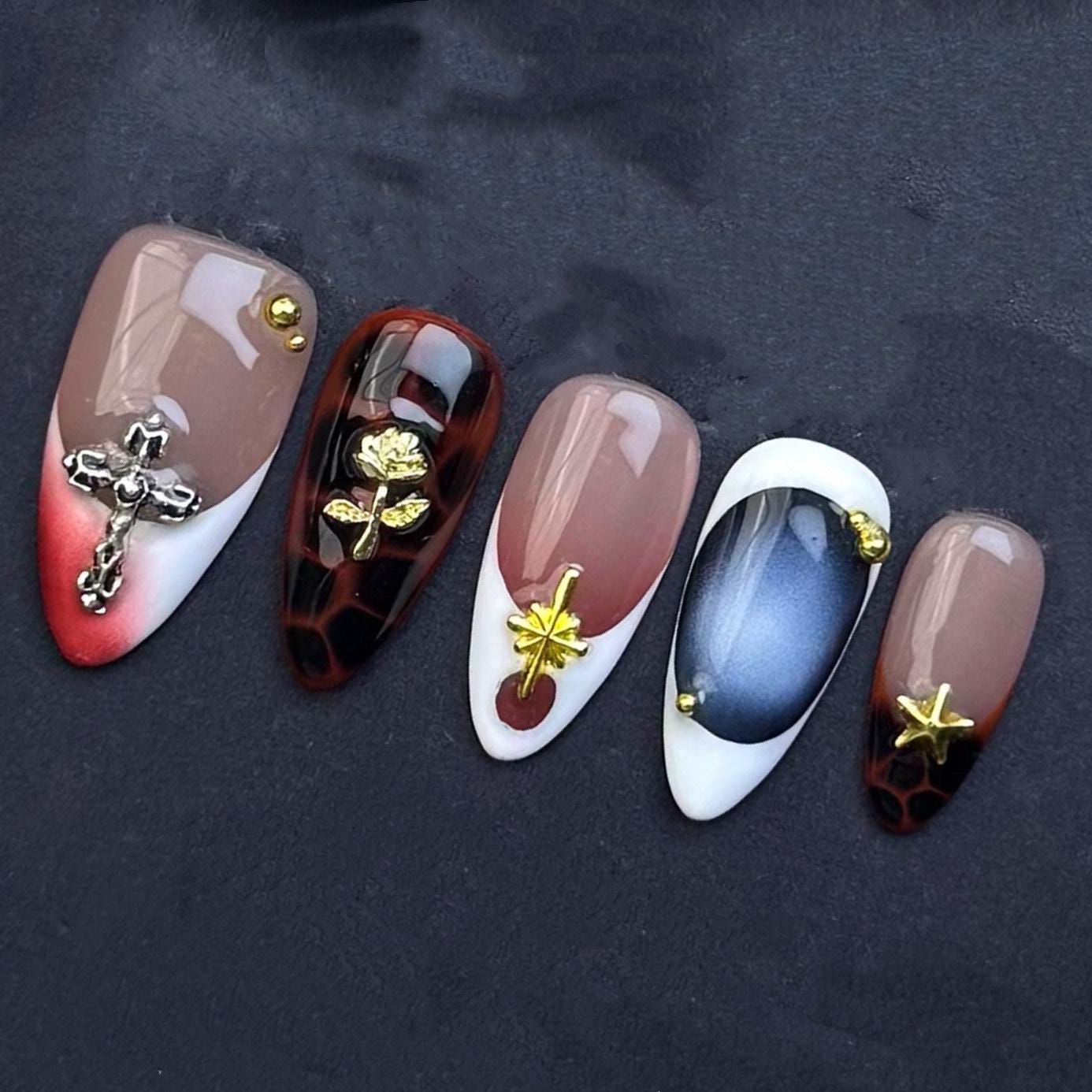 Gothic Rose and Cross Press On Nails with Tortoiseshell and Gold Accents Artificial reusable fake glue on faux manicure nails trendy art