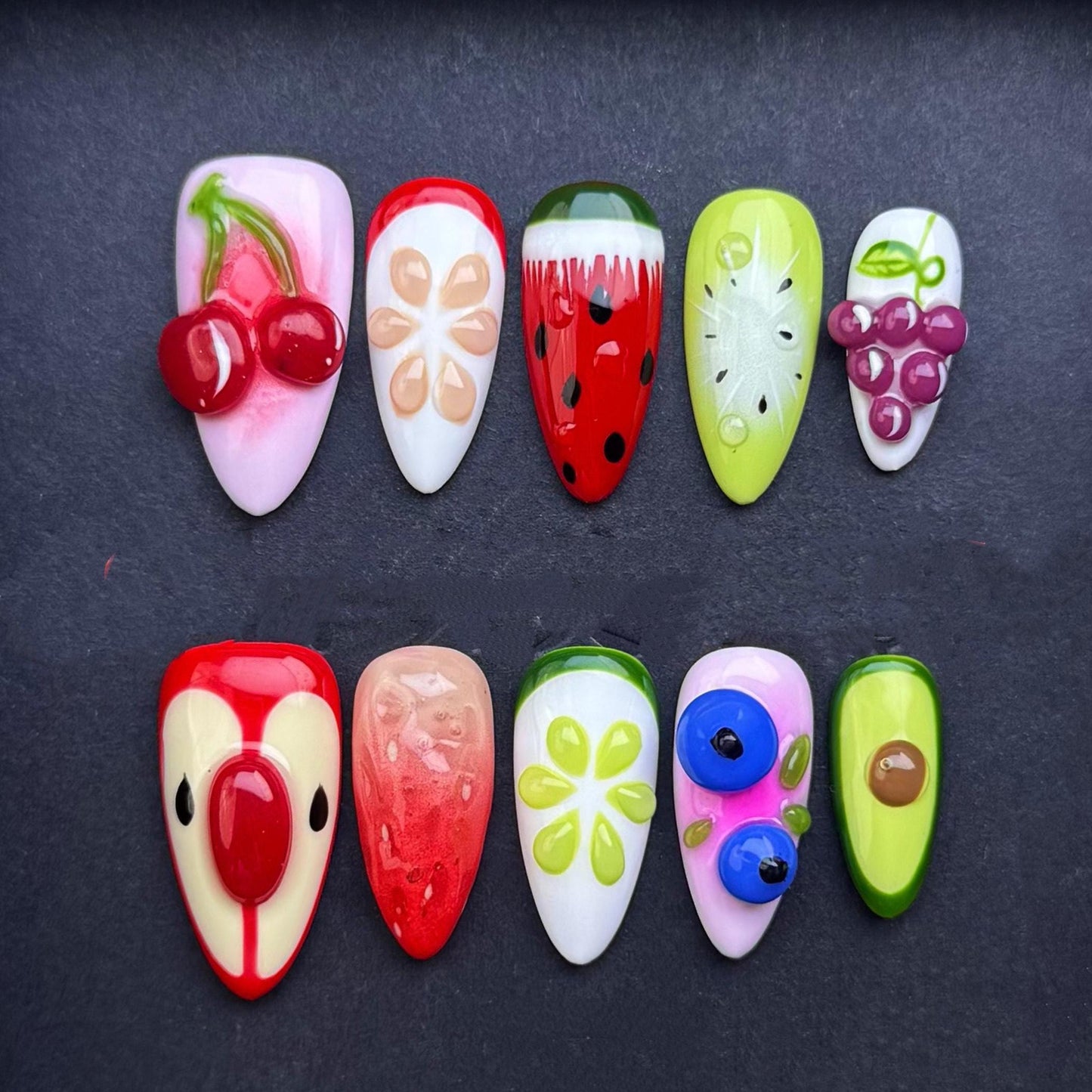 Colorful Fruit Salad Press On Nails with 3D Fruit Art and Glossy Finish Artificial reusable fake glue on faux manicure nails trendy art
