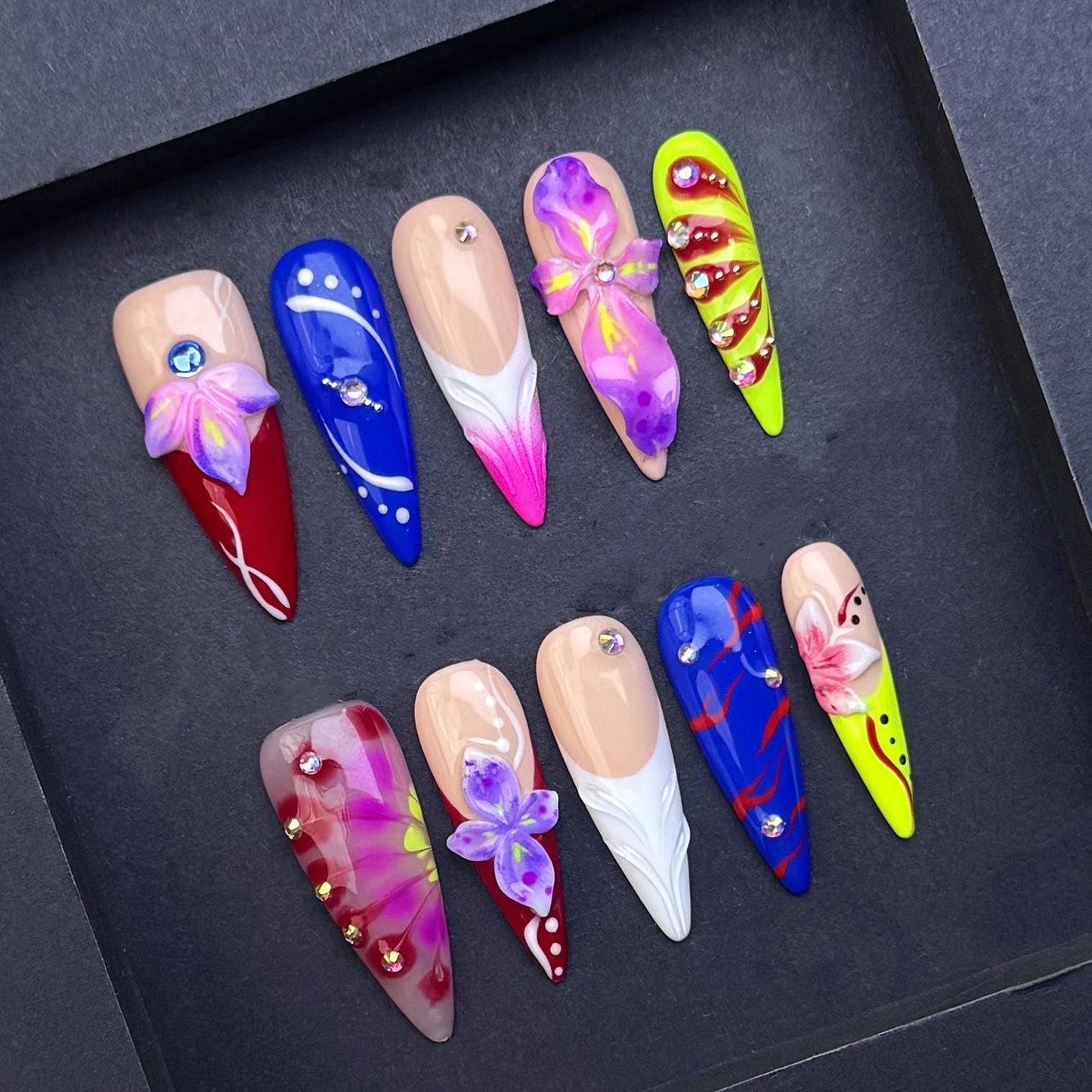 Bright Floral Stiletto Press On Nails with Rhinestones and Color Pop Design Artificial reusable fake glue on faux manicure nails trendy art