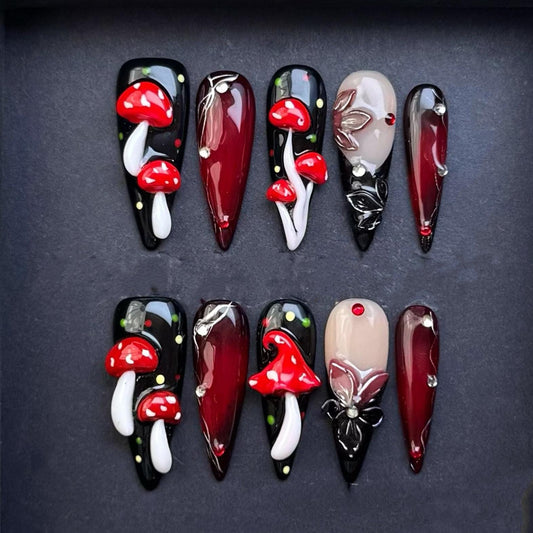 Dark Forest Mushroom Press On Nails with 3D Fungi and Red Ombré Artificial reusable fake glue on faux manicure nails trendy art