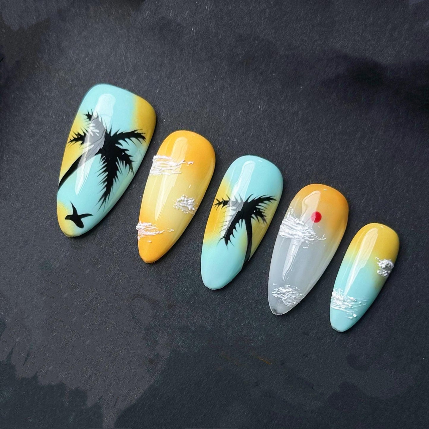 Tropical Sunset Press On Nails Palm Tree Beach Scene Hand Painted Summer Vibes. Artificial reusable fake faux manicure nails trendy art.