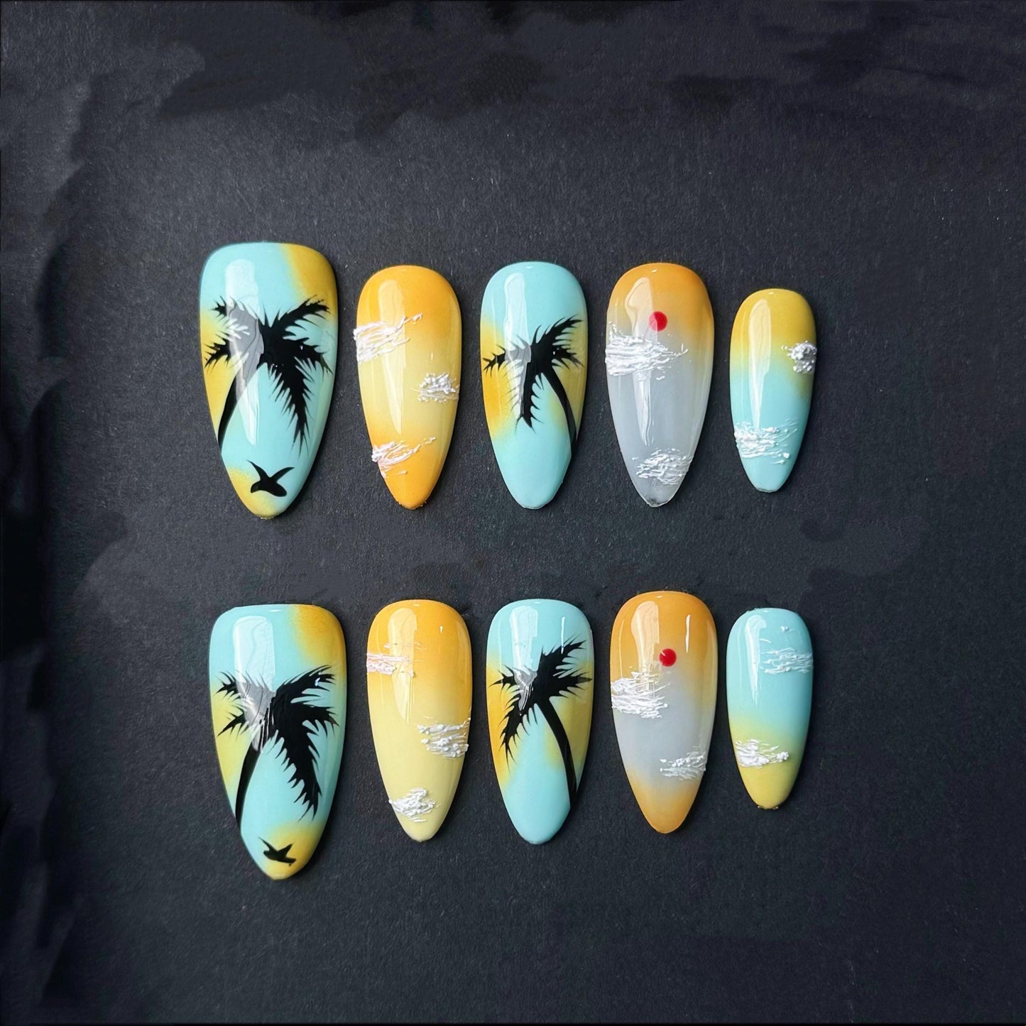 Tropical Sunset Press On Nails Palm Tree Beach Scene Hand Painted Summer Vibes. Artificial reusable fake faux manicure nails trendy art.