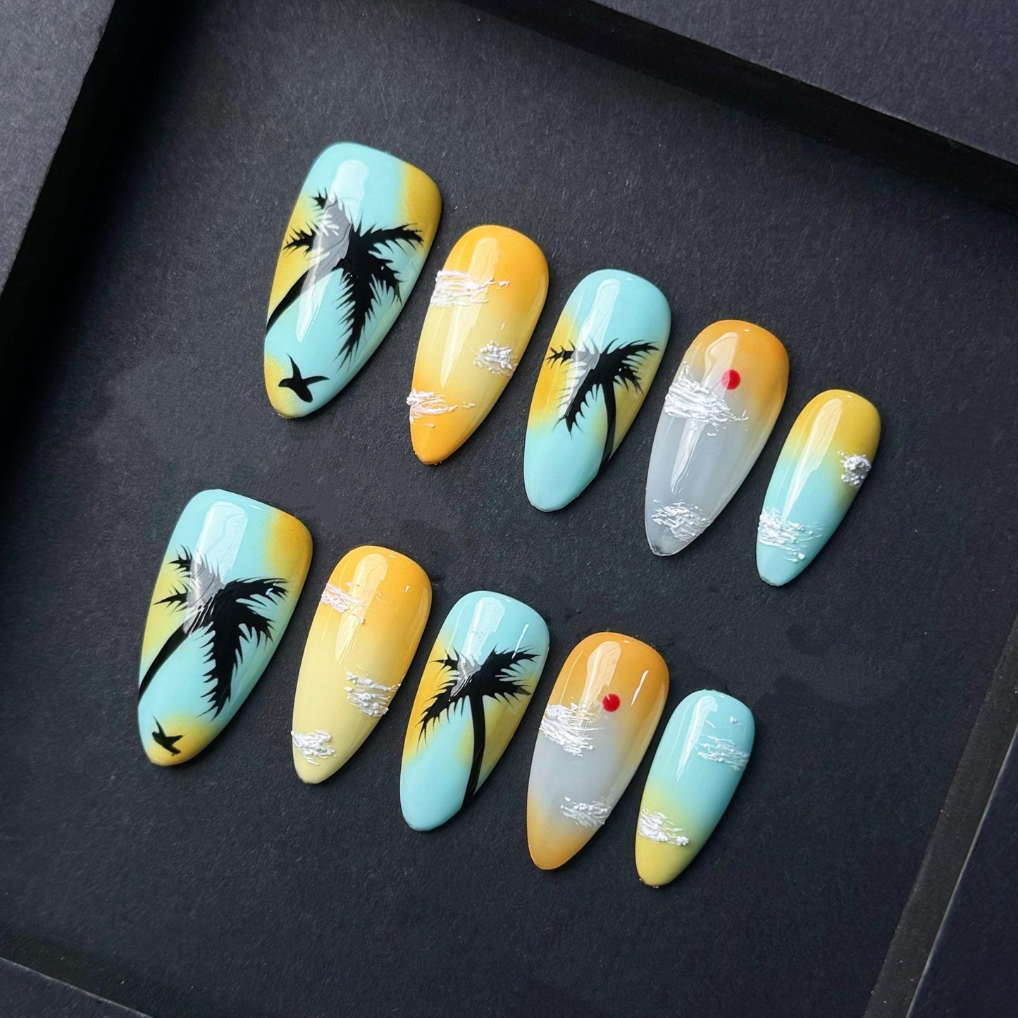 Tropical Sunset Press On Nails Palm Tree Beach Scene Hand Painted Summer Vibes. Artificial reusable fake faux manicure nails trendy art.